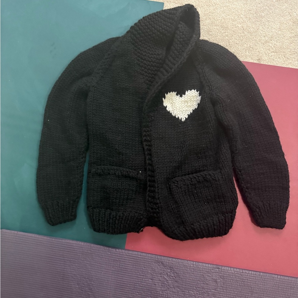 GOGO Black Hooded Knit Cardigan with White Heart